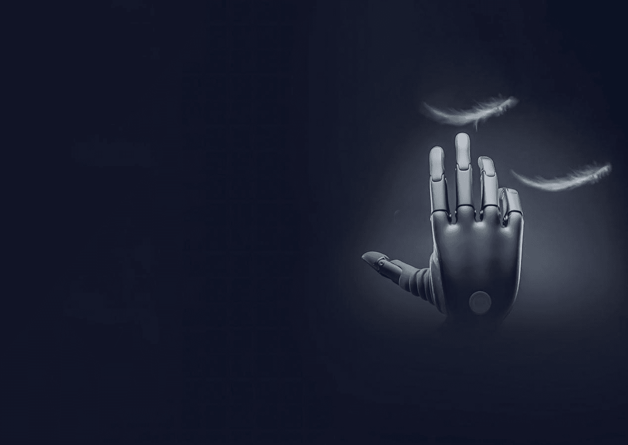 A BrainCo Revo2 bionic hand gently interacts with floating white feathers against a dark background, symbolizing its sensitive perception and delicate force control.